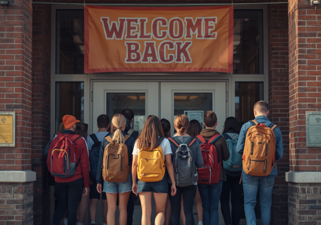 Back view of students with colorful backpacks standing at the brick entrance of a school under an orange Welcome Back banner.
