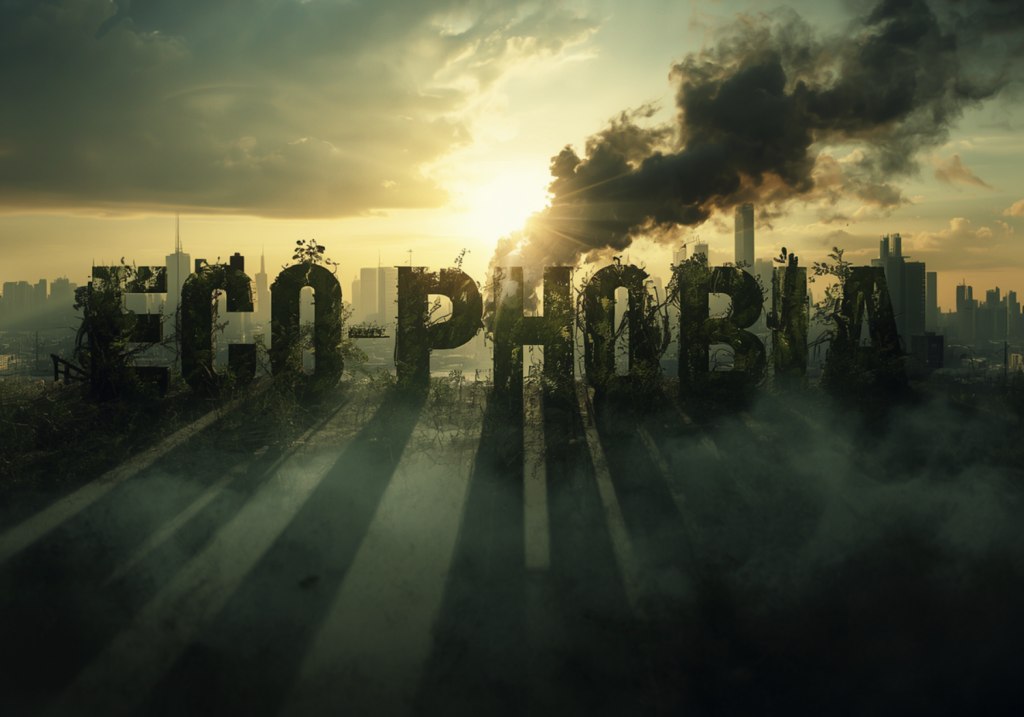 Dystopian artwork displaying the word Eco-Phobia covered in vines with heavy industrial smoke billowing over a city backdrop at sunset.