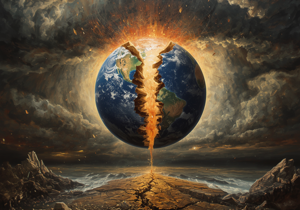 Conceptual art depicting global destruction with planet Earth splitting in half, releasing a stream of burning lava onto a rocky shore.