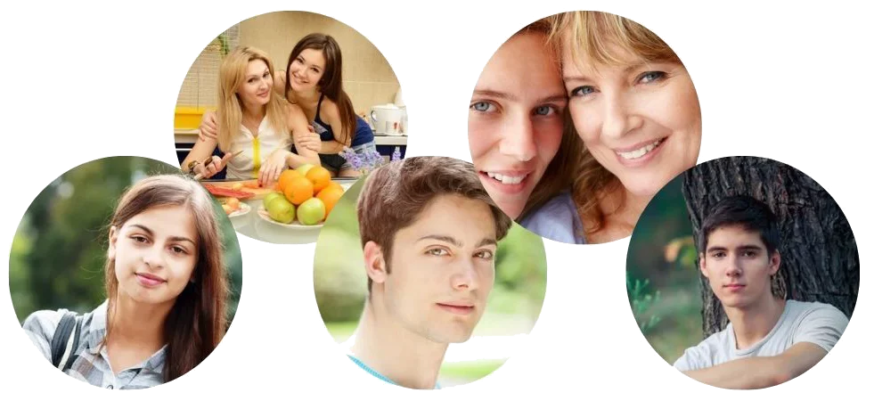 Circular collage of portrait photos depicting healthy people, fresh produce, and connection.